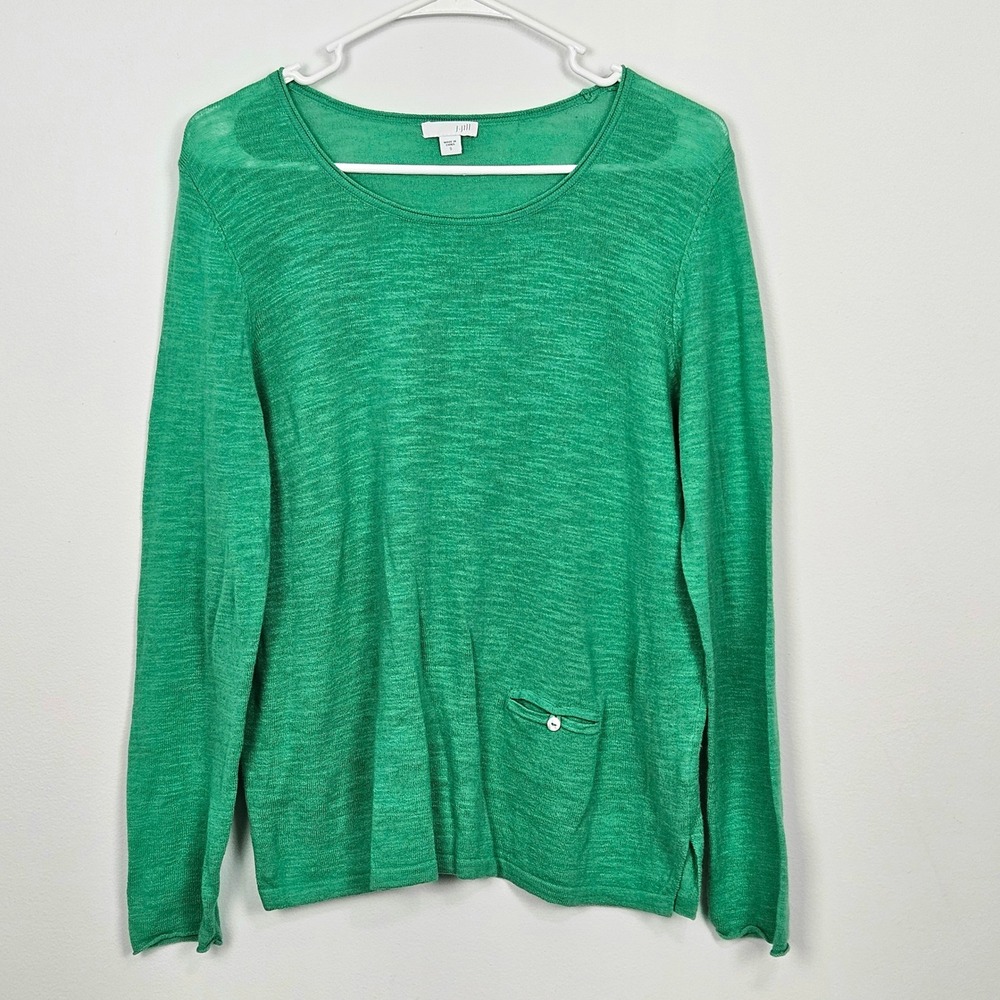 J. Jill Sweater Sz S Green Linen Cotton Blend Pullover Long Sleeve Pocket Knit